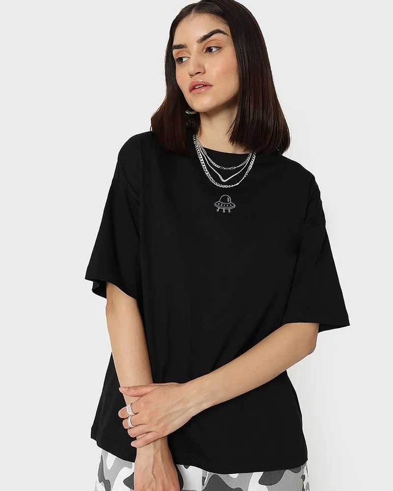 بيواكوف Women's Black Space Typography Oversized T-shirt
